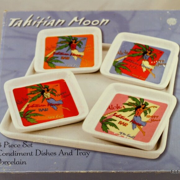 Tiki Bar Condiment Dishes Godinger & Co Tahitian Moon Porcelain Plates 5 pc Set - Picture 12 of 13